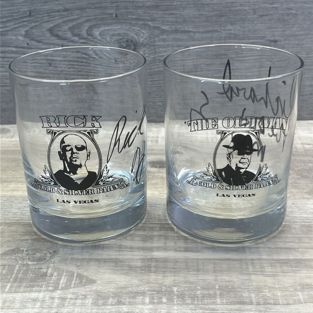 The Old Man and Rick Signed Whiskey Glasses Gold & Silver Pawn Las Vegas NV